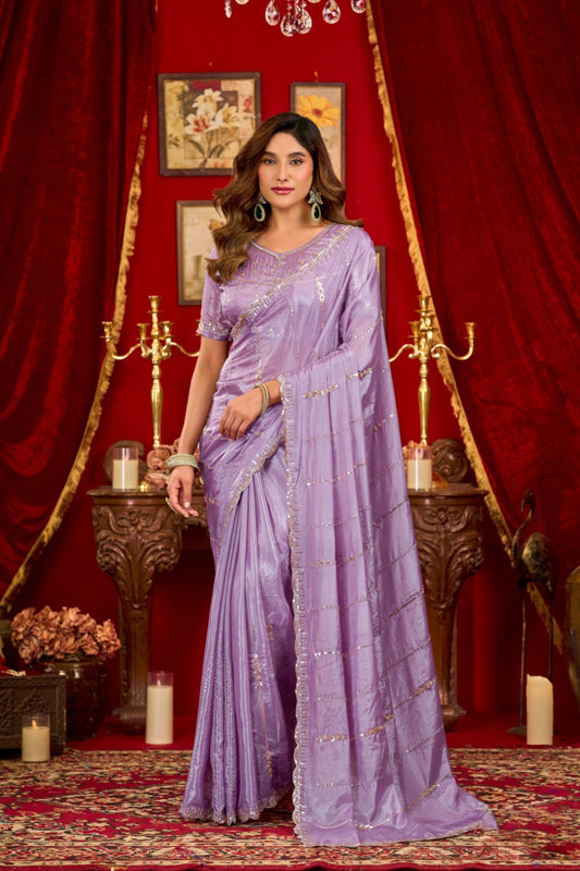 Graceful Lavender Prada Silk Saree with Heavy Beads Work for Women