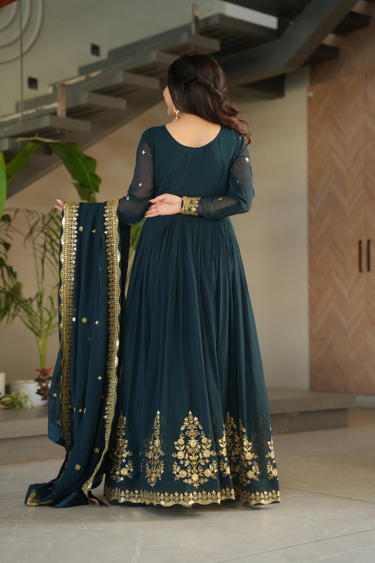 Majestic Rama Green Embroidered Designer Gown with Golden Thread Work and Dupatta