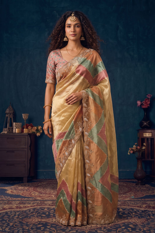 Radiant Beige Organza Saree Multicolor Floral Embroidery Jarkan Work for Women