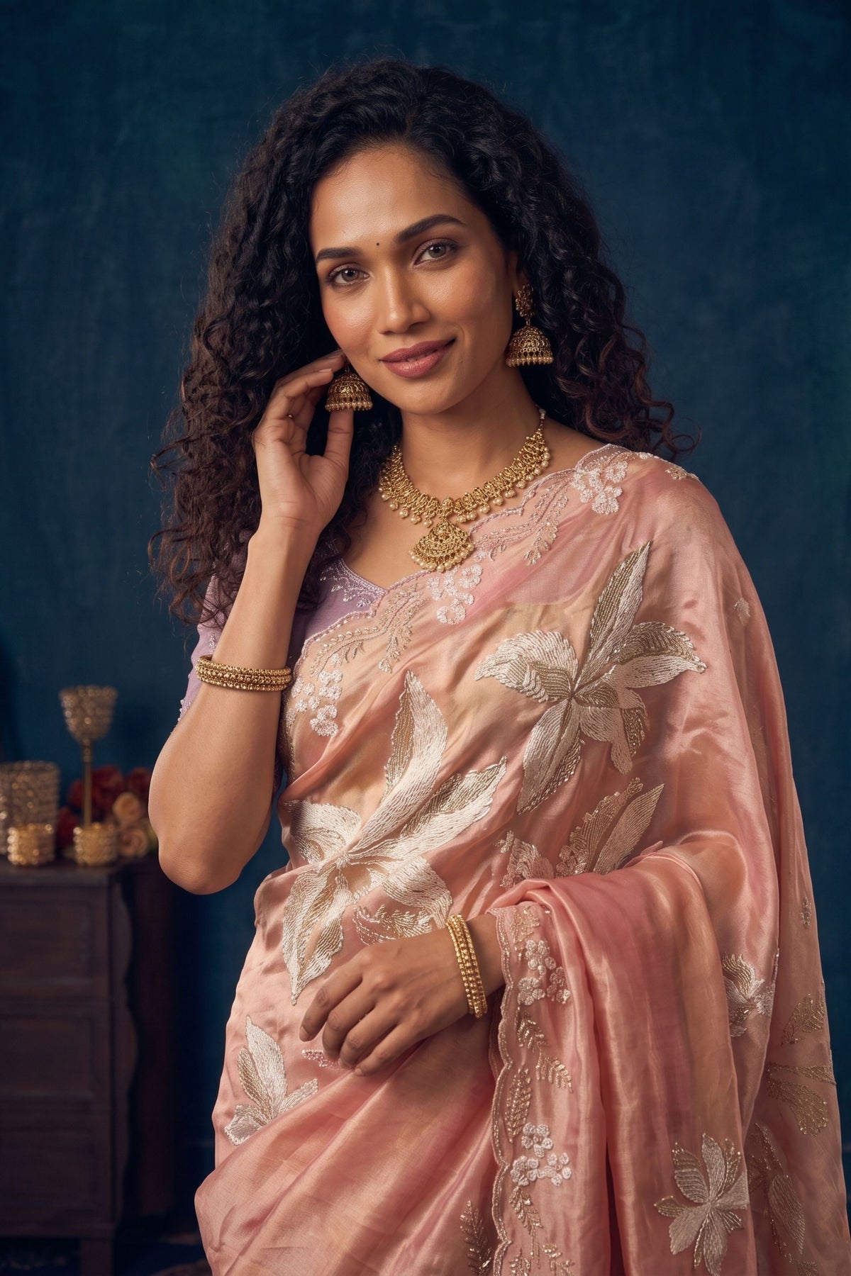 Premium Peach Pink Organza Saree Floral Embroidery and Jarkan Work for Women