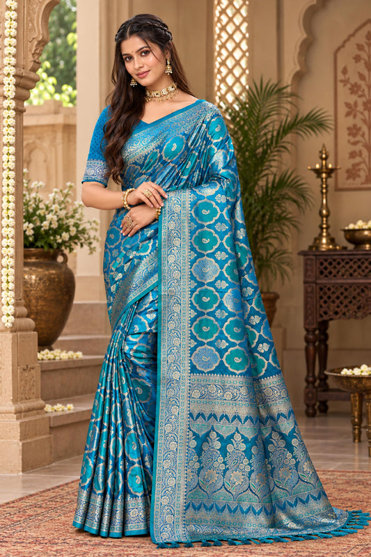 Dazzling Teal Blue Satin Silk Woven Designer Saree for Women