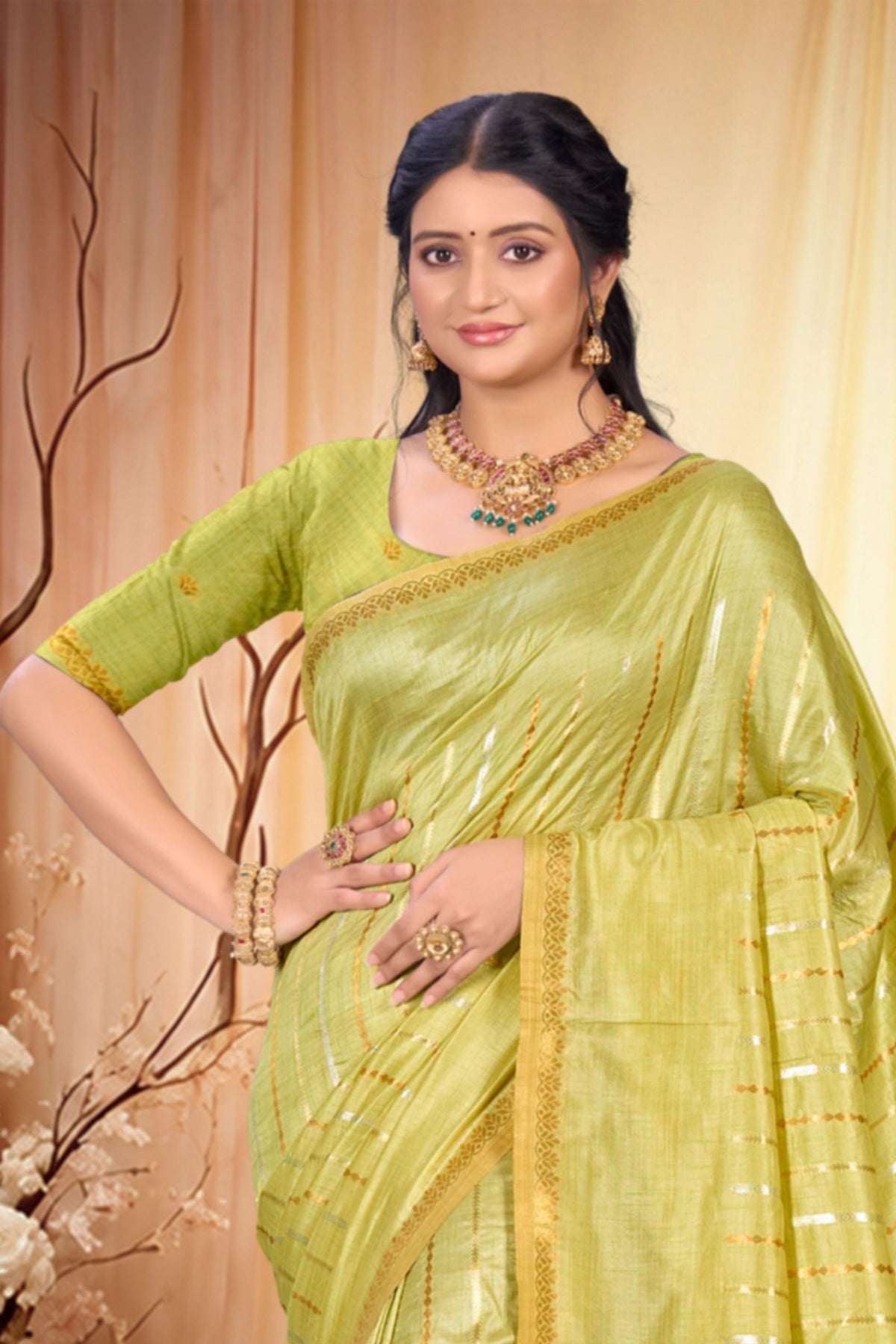 Vibrant Lime Green Assam Silk Saree with Traditional Weaving Work for Women