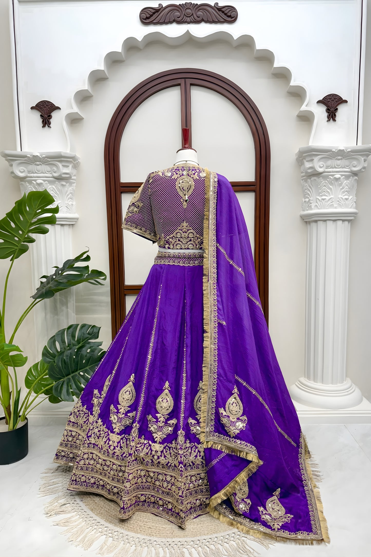 Glorious Purple Vichitra Silk Designer Lehenga Choli with Embroidery Work and Matching Dupatta