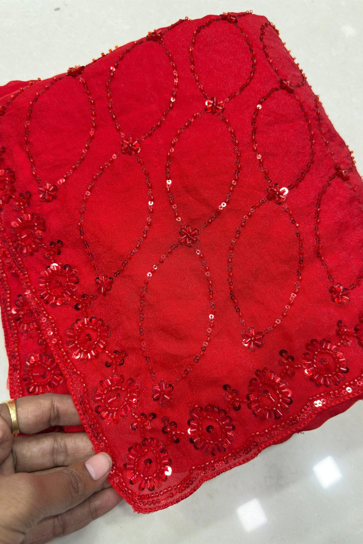 Premium Red NC Moss Saree Sequin Embroidery Work for Women