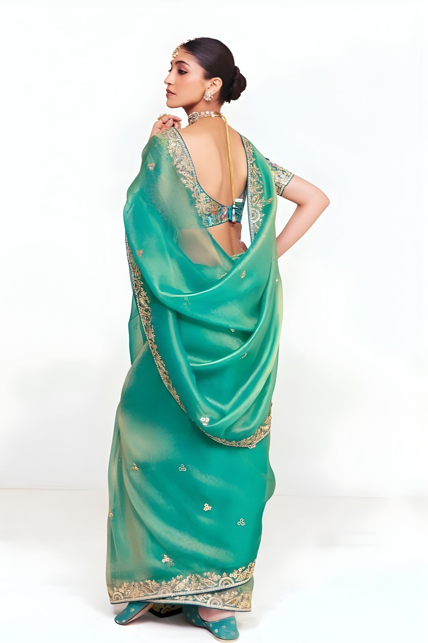 Sea Green Designer Georgette Saree Heavy Gold Embroidery Party Wear