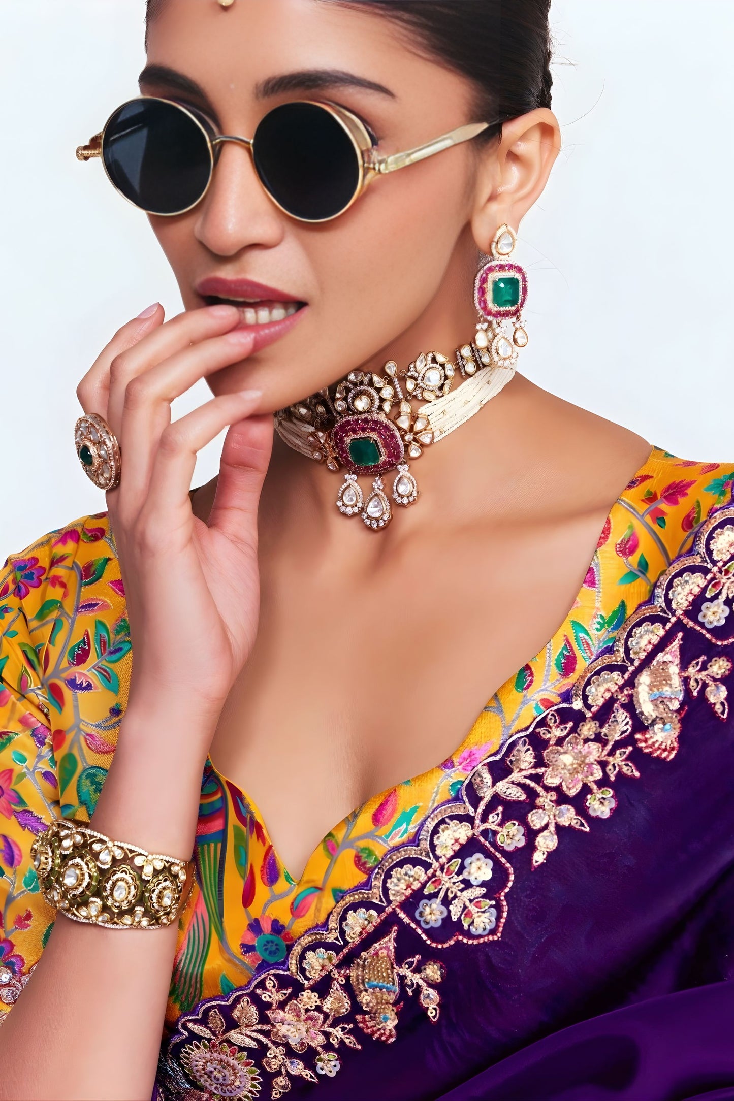 Purple Georgette Saree Gold Embroidered Border Printed Designer Blouse