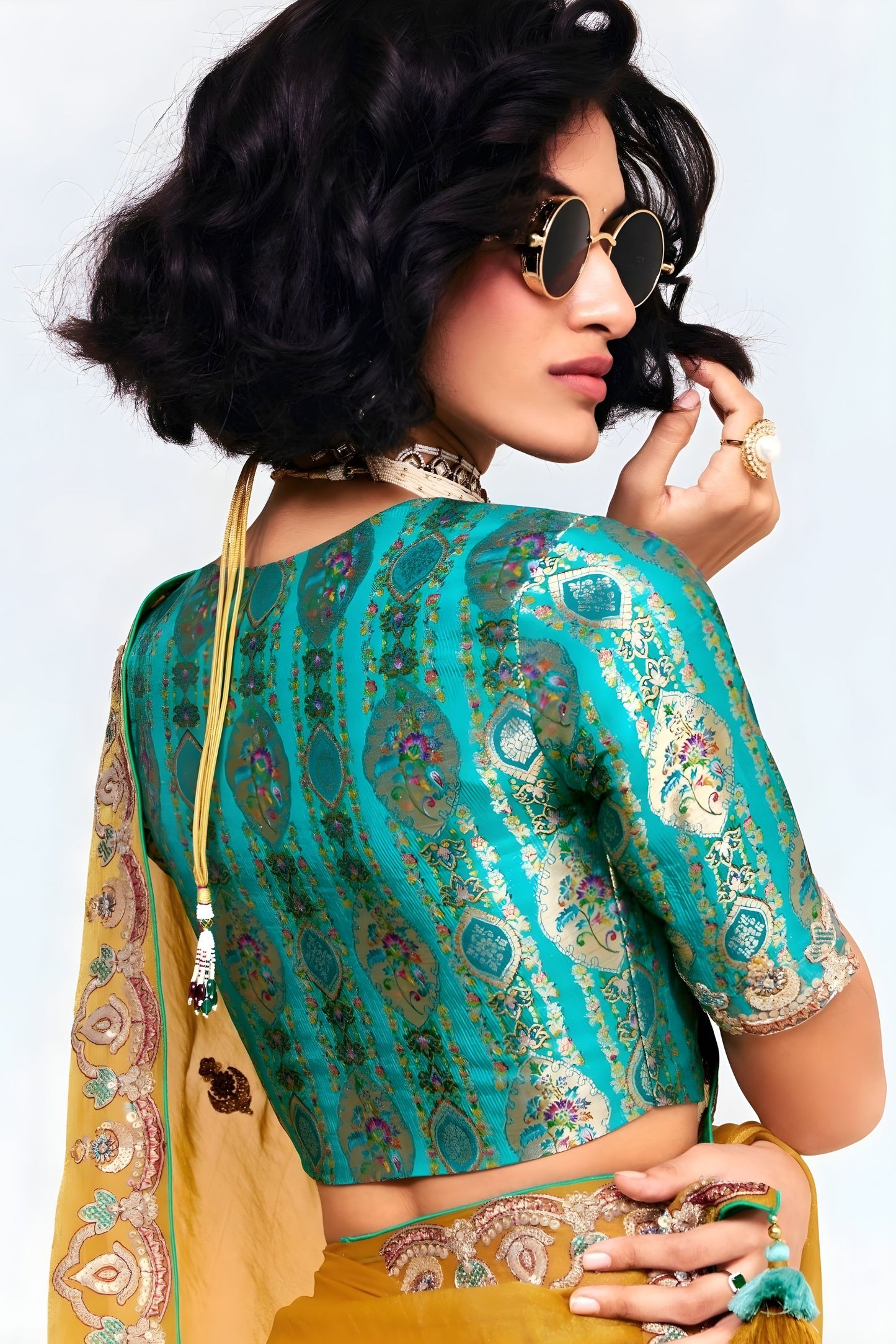 Mustard Yellow Georgette Saree Embroidered Border Designer Teal Blouse