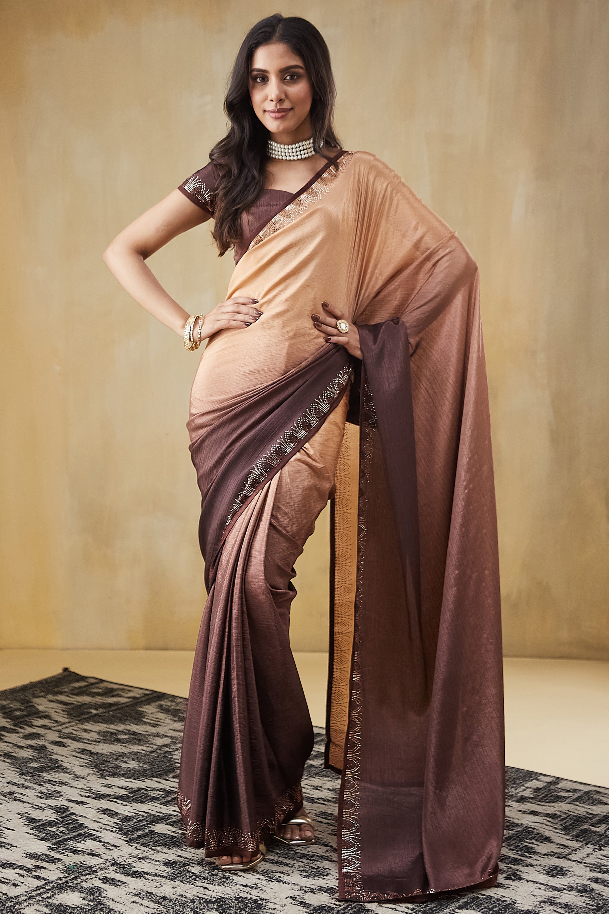 Brown Beige Silk Saree Designer Blouse Party Wear Saree