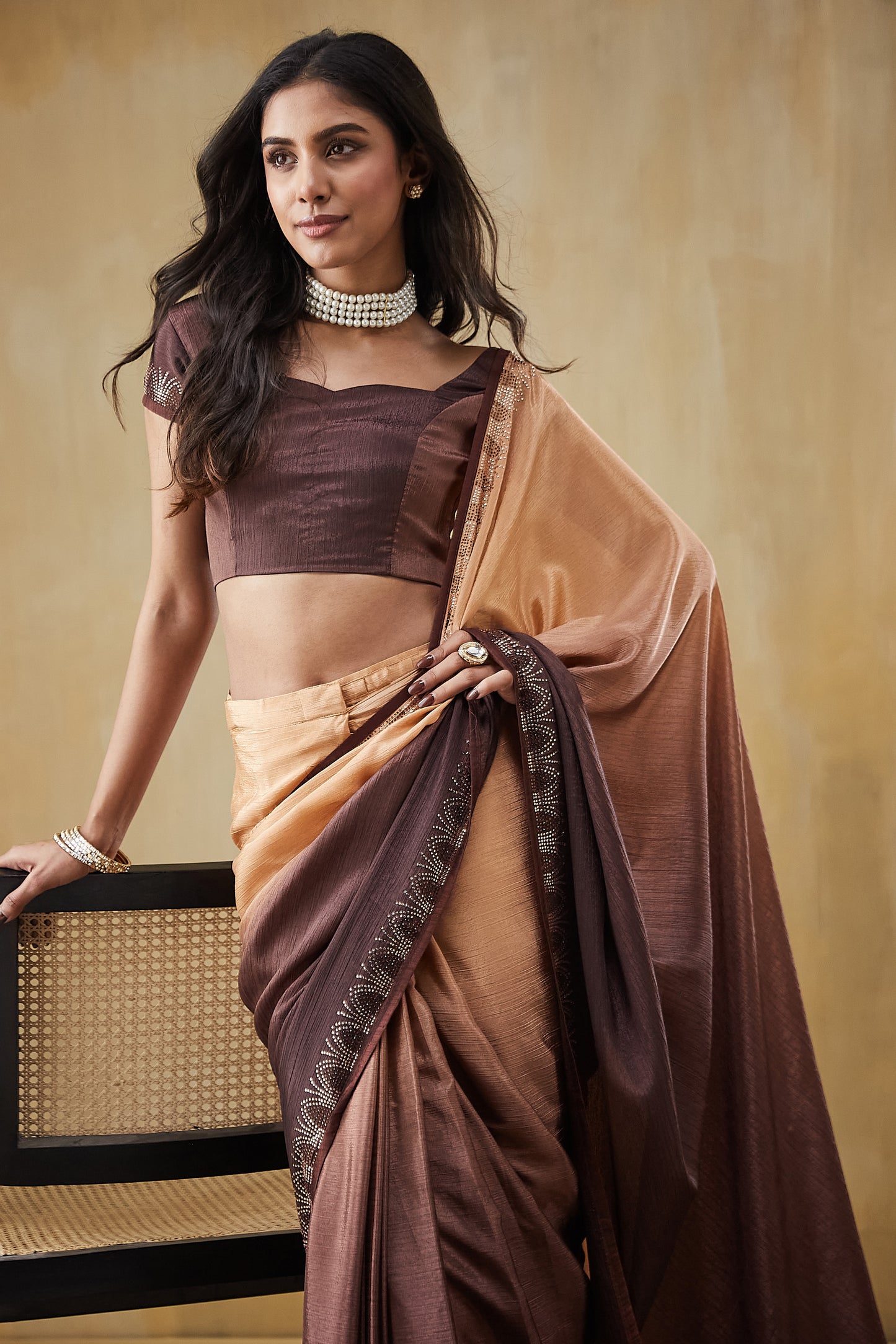 Brown Beige Silk Saree Designer Blouse Party Wear Saree