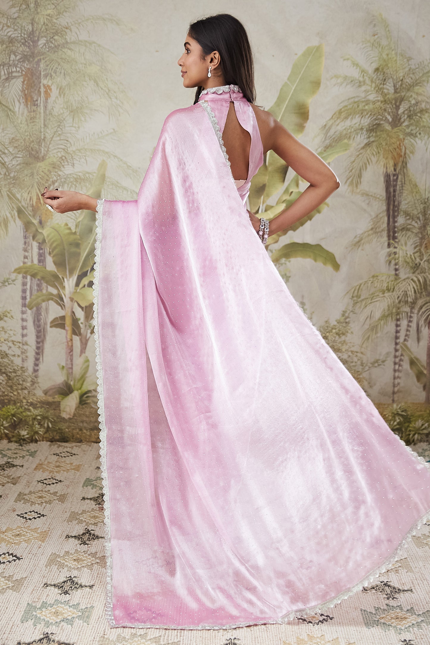 Elegant Light Pink Satin Silk Saree Party Wear