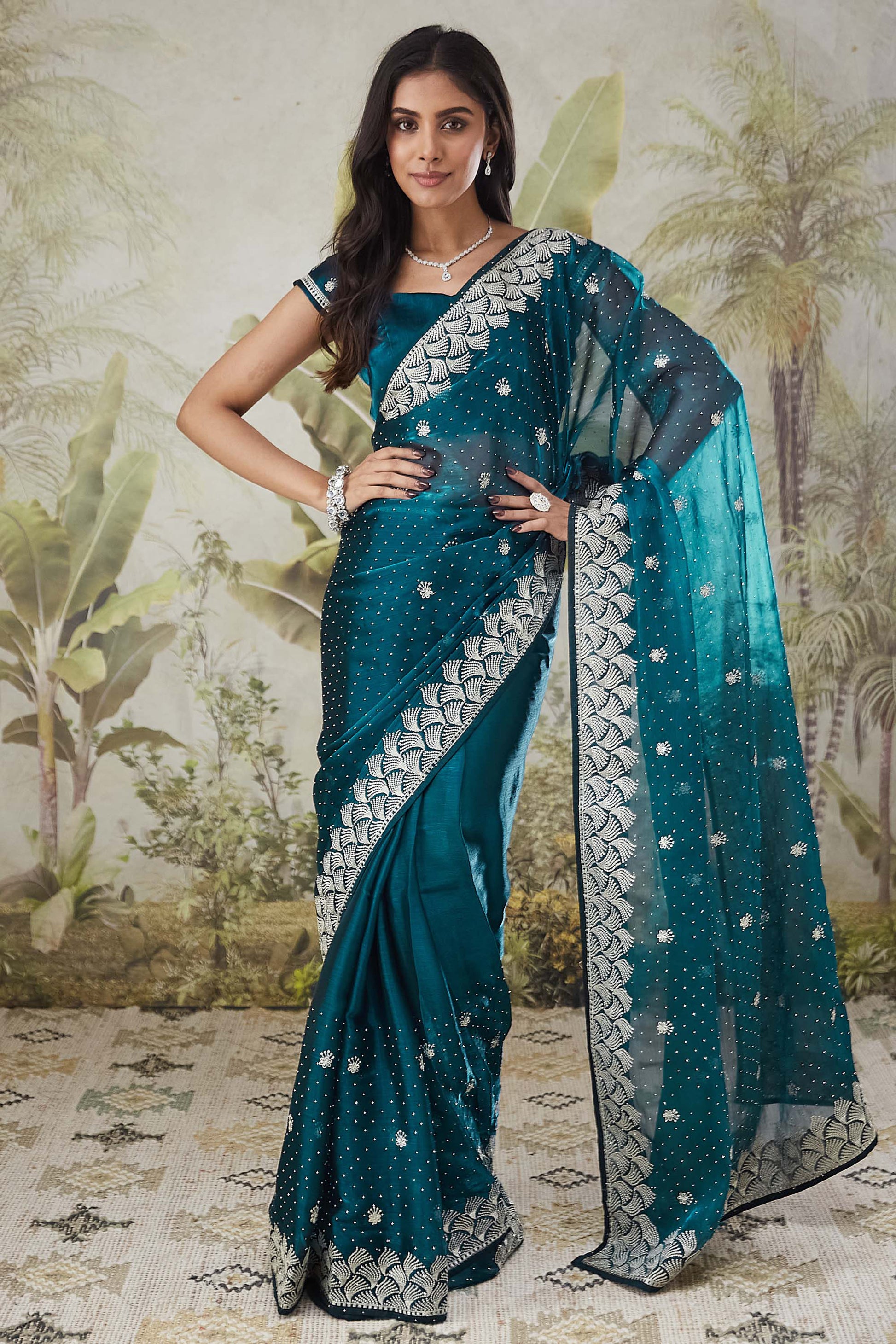 Teal Blue Satin Silk Saree with Silver Stone Work Party Wear