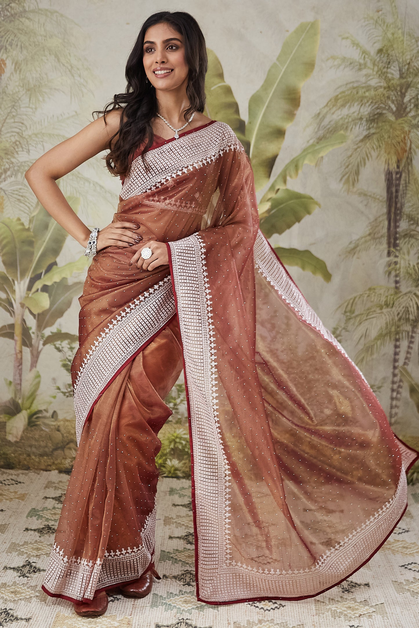 Rust Brown Satin Silk Saree White Border Stone Work Party Wear Saree