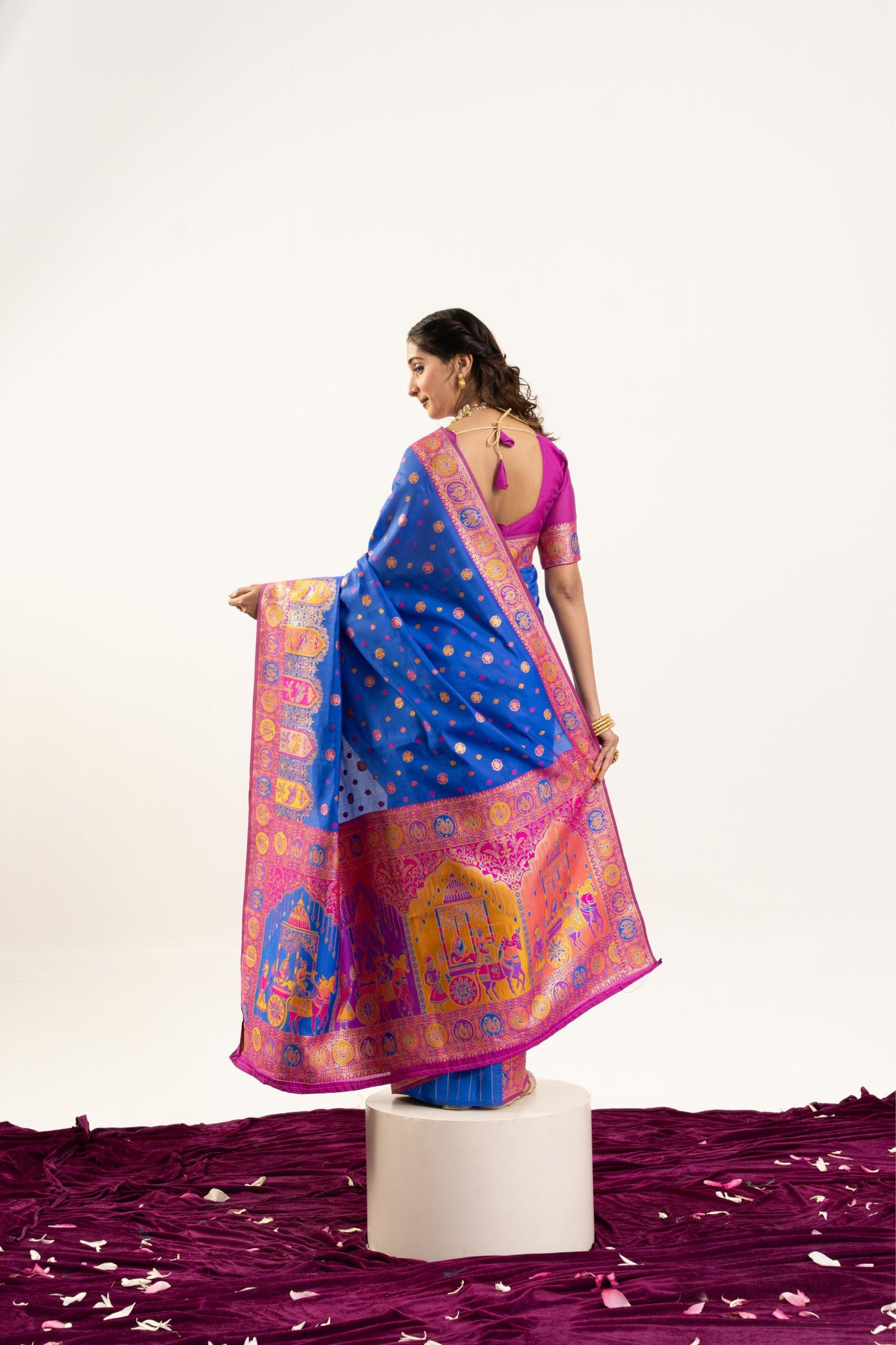 Royal Blue Patola Printed Silk Saree with Rich Pallu Contrast Pink Blouse