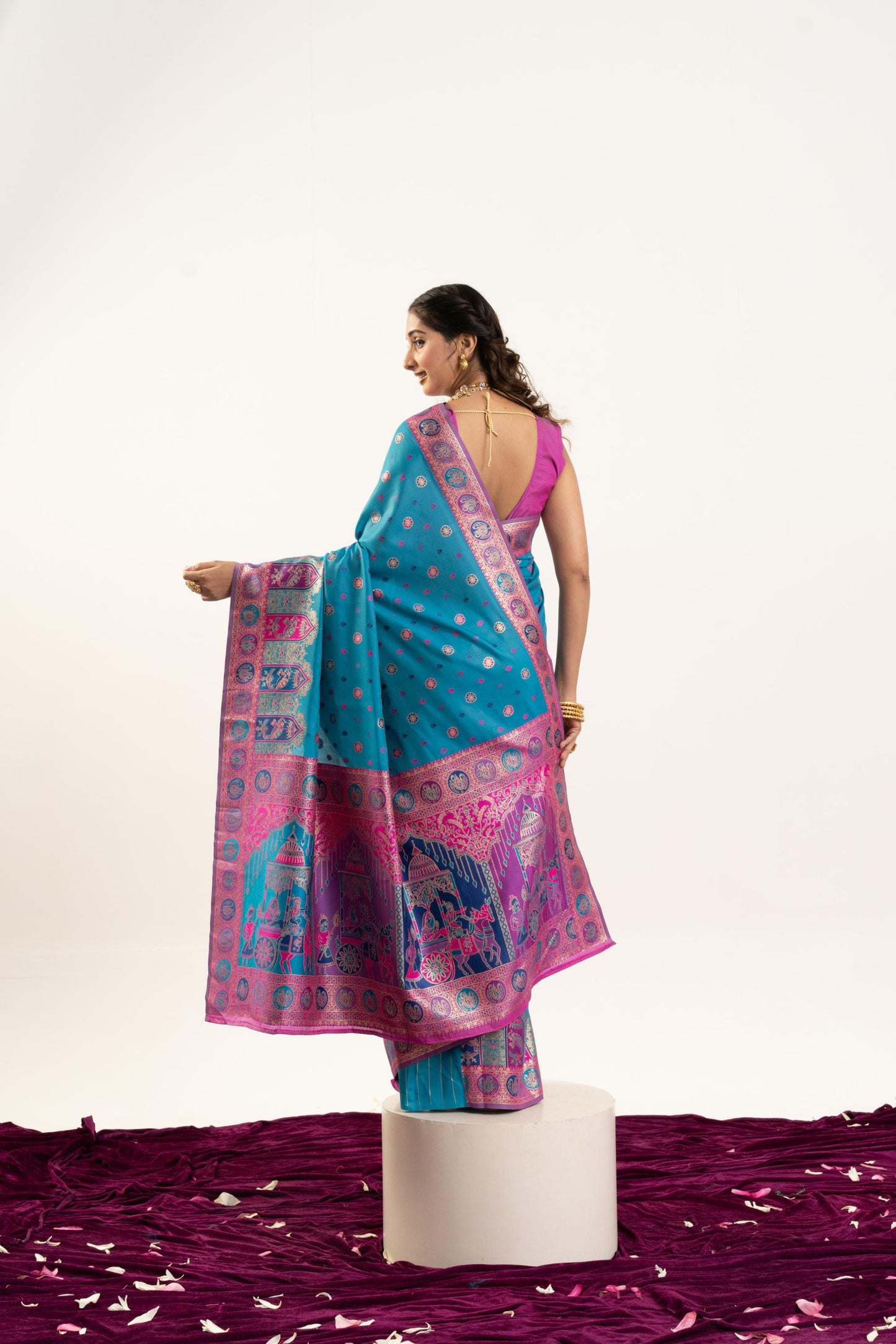 Teal Blue Banarasi Silk Saree Pink Border Festive Wear Saree
