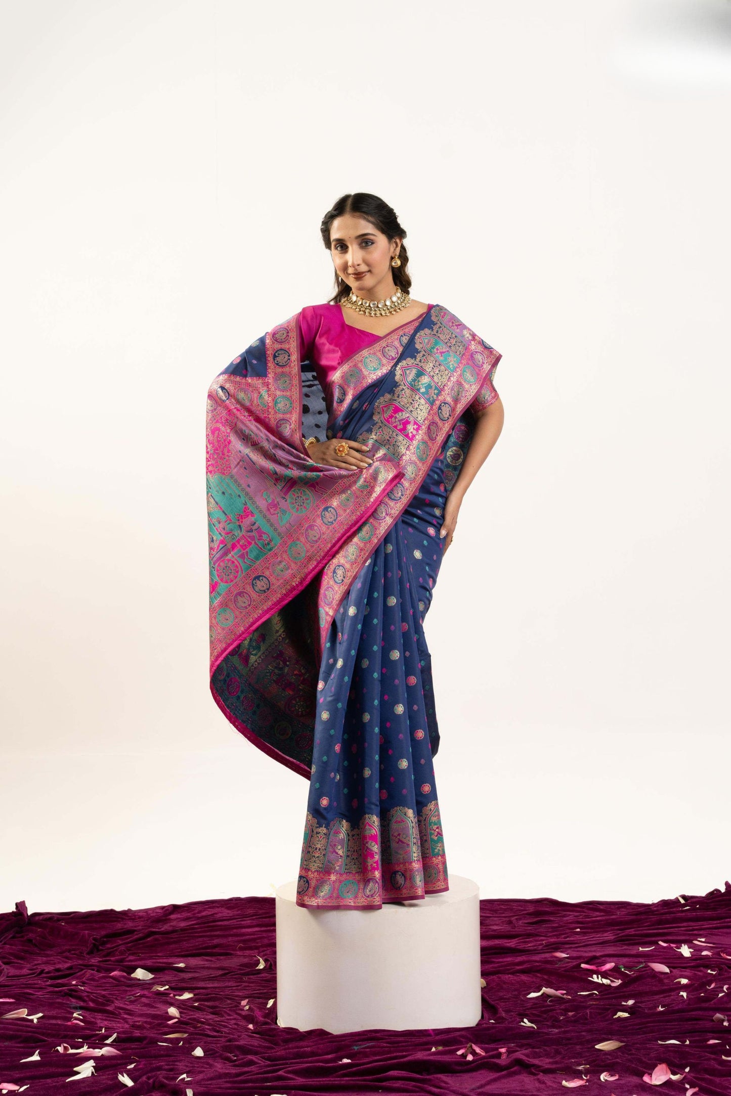 Navy Blue Banarasi Silk Saree Pink Zari Festive Rich Pallu