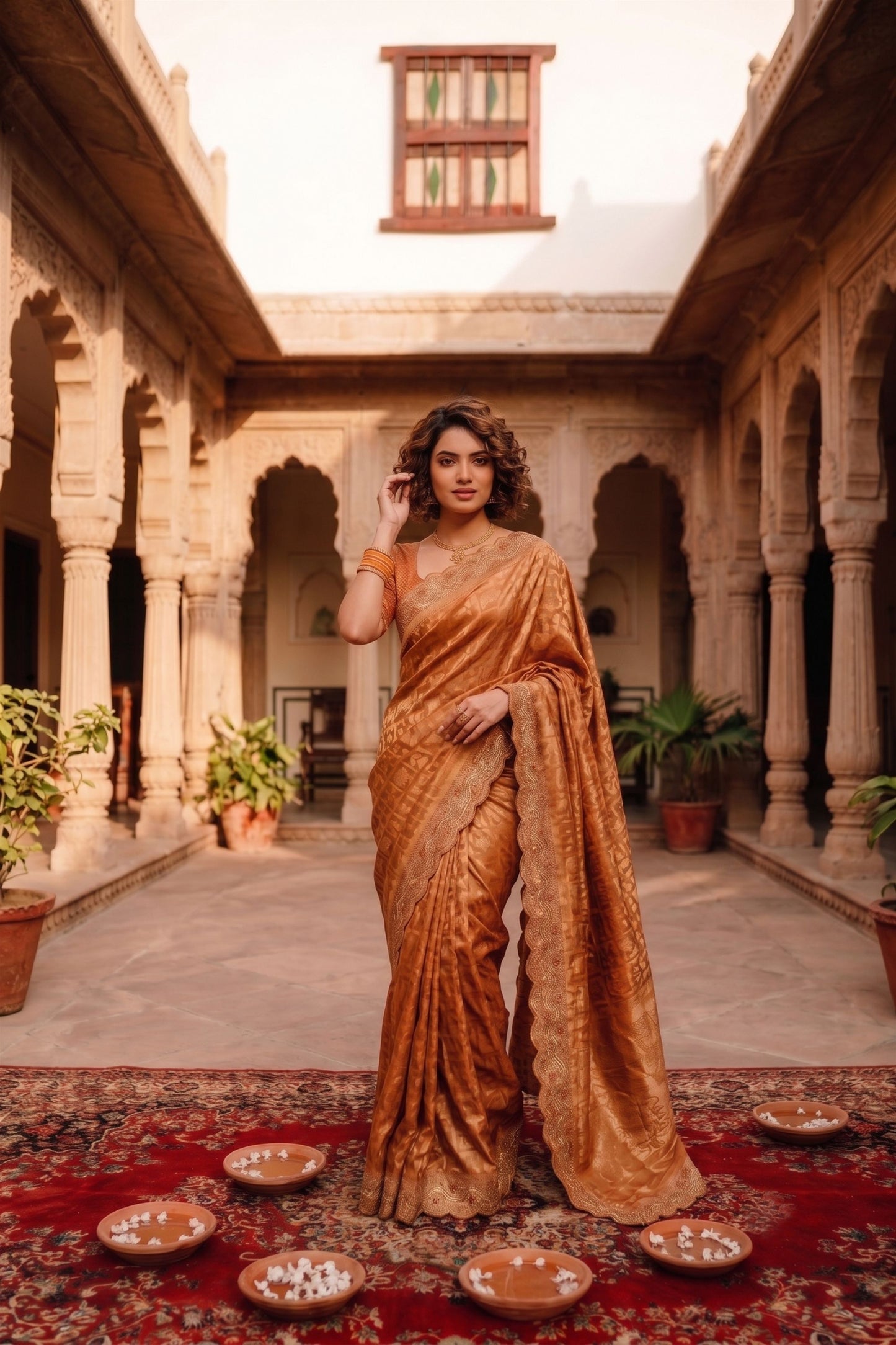 Stylish Rust Orange Banarasi Silk Woven Designer Hand Work Saree for Women