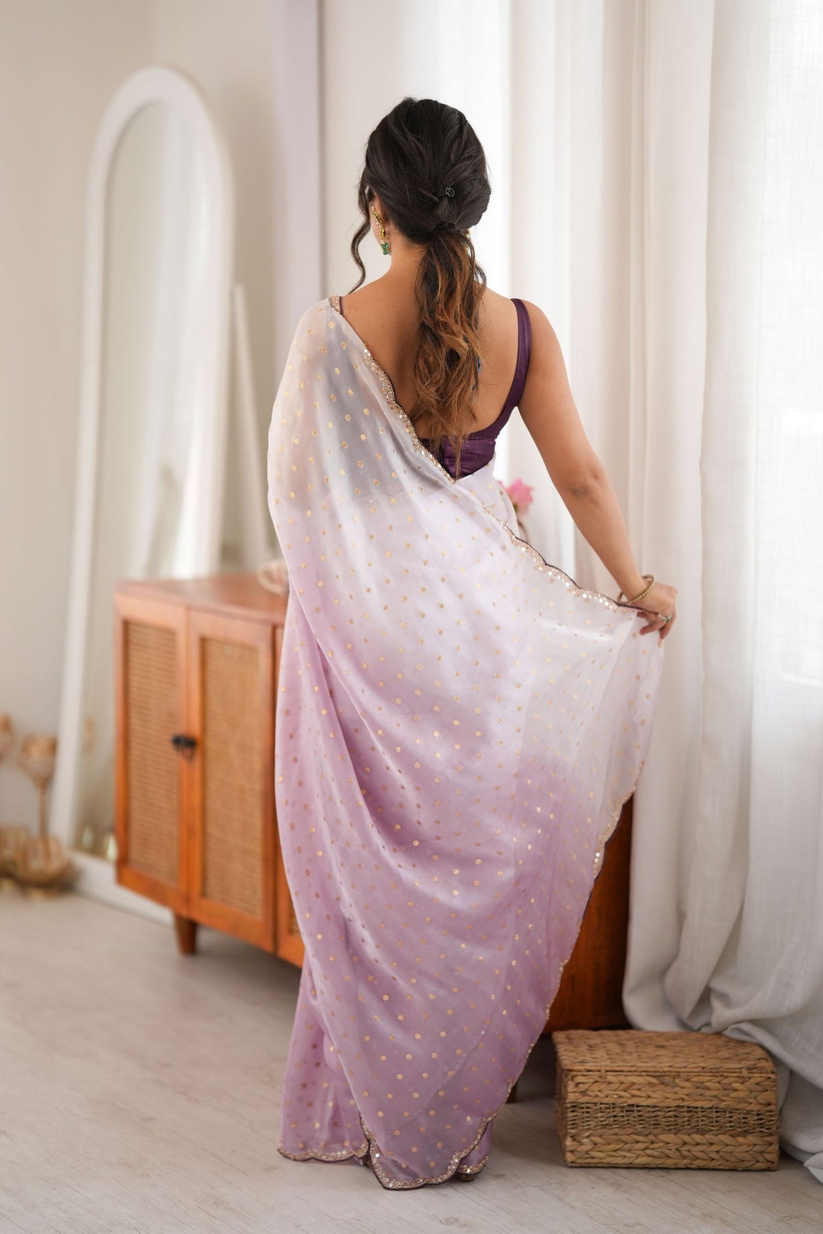 Stylish Lavender Fendy Satin Woven Designer Saree with Beads Work for Women