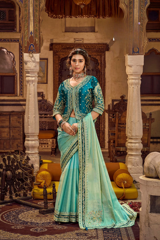 Captivating Aqua Blue Viscose Linen Saree Sequin Work Embroidery for Women