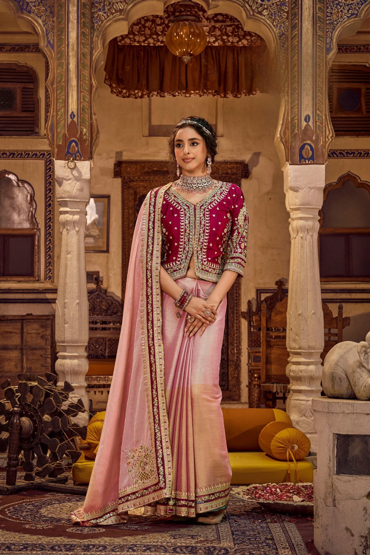 Elegant Pink Viscose Linen Saree Sequin Work and Embroidery for Women