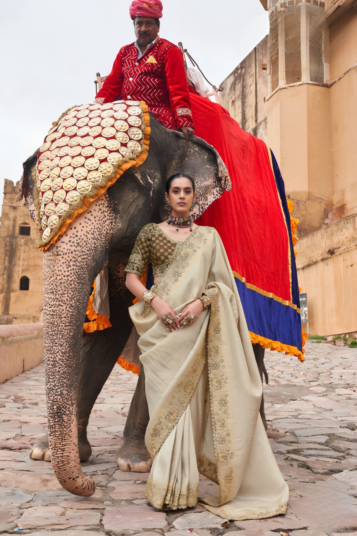 Premium Cream Viscose Saree with Handwork for Women
