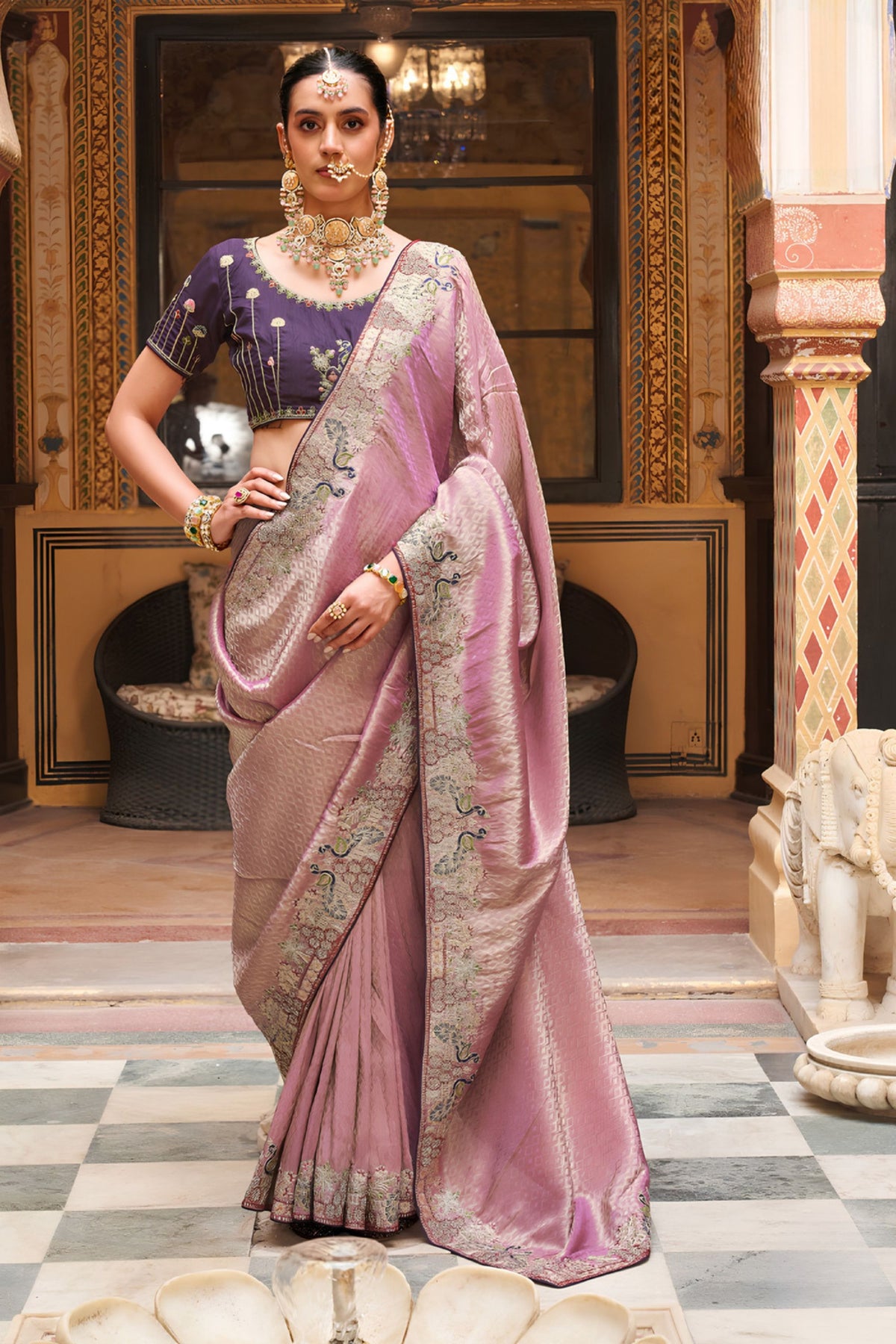 Beautiful Pink Soft Tissue Saree with Embroidery Work for Women