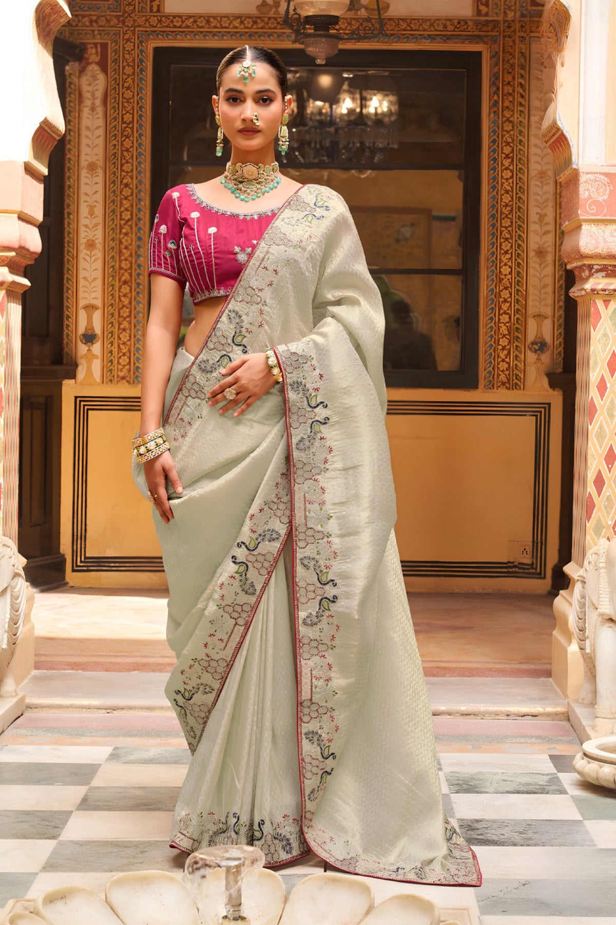 Stylish Off White Soft Tissue Saree Embroidery Work for Women