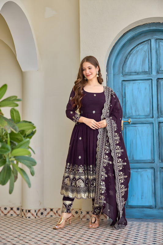Stunning Wine Crunchy Silk Embroidered Anarkali Suit with Dupatta and Pant for Women