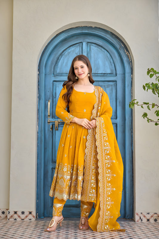 Stylish Mustard Yellow Crunchy Silk Embroidered Anarkali Suit Set with Dupatta and Pant for Women