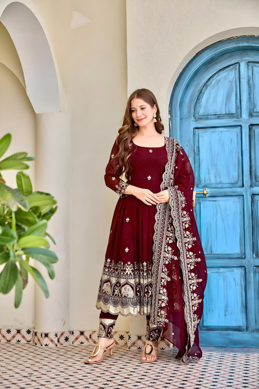 Traditional Maroon Crunchy Silk Embroidered Anarkali Suit Set with Dupatta and Pant for Women