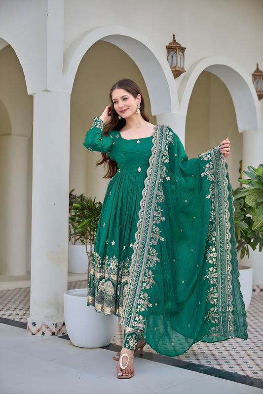 Fancy Rama Green Crunchy Silk Embroidered Anarkali Suit Set with Dupatta and Pant for Women