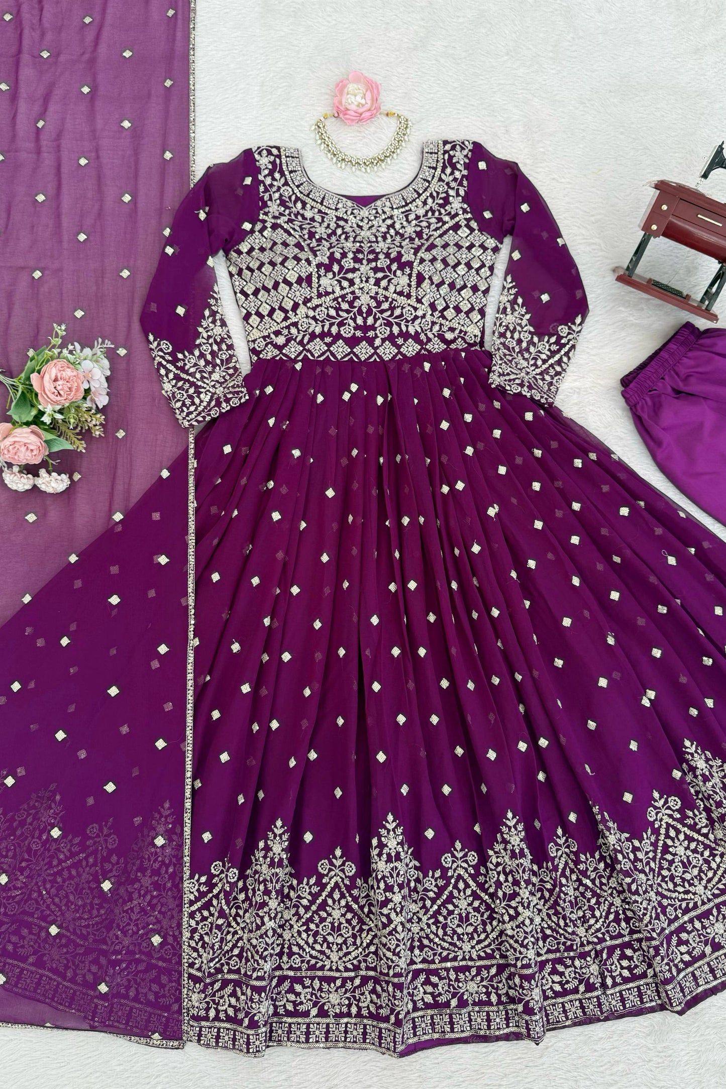 Royal Purple Faux Georgette Anarkali Suit Sequin Thread Embroidery Dupatta for Women