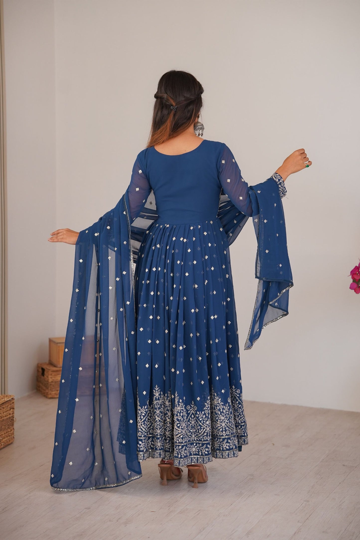 Vibrant Blue Faux Georgette Anarkali Suit Sequin Thread Embroidery Dupatta for Women