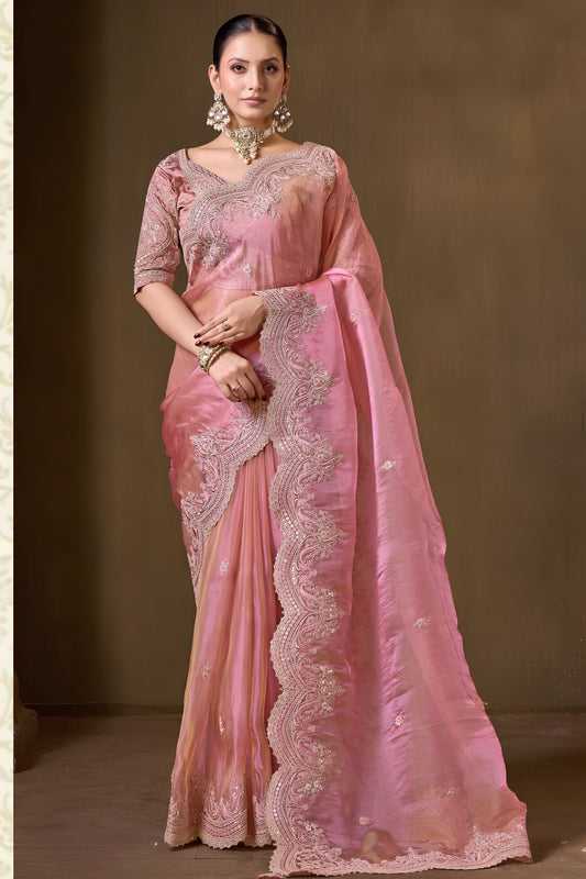 Exquisite Dusty Pink Pure Tissue Georgette With Ready Made blouse Saree for Women