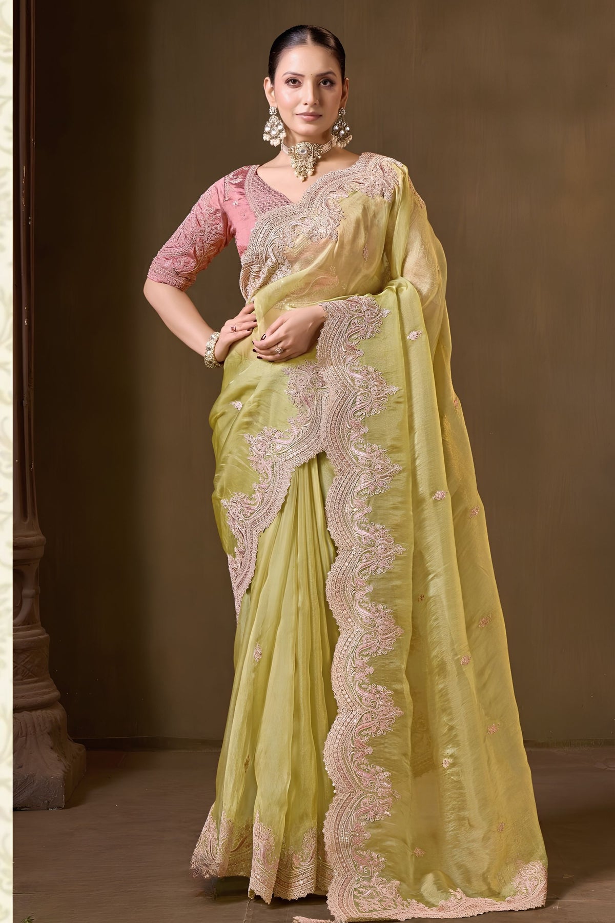 Radiant Lime Green Pure Tissue Georgette Saree Heavy Embroidery Work Ready Made Blouse for Women