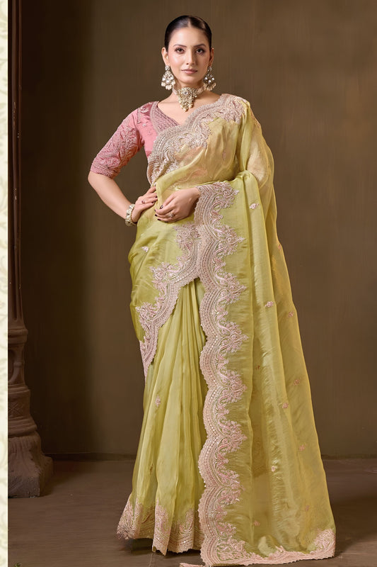 Radiant Lime Green Pure Tissue Georgette Saree Heavy Embroidery Work Ready Made Blouse for Women