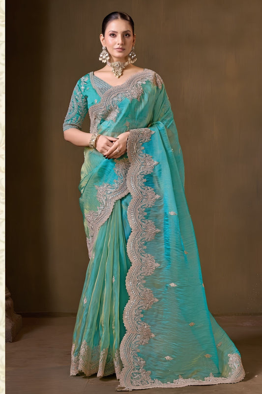 Stunning Teal Blue Pure Tissue Georgette Saree Embroidery Work Ready Made Blouse for Women