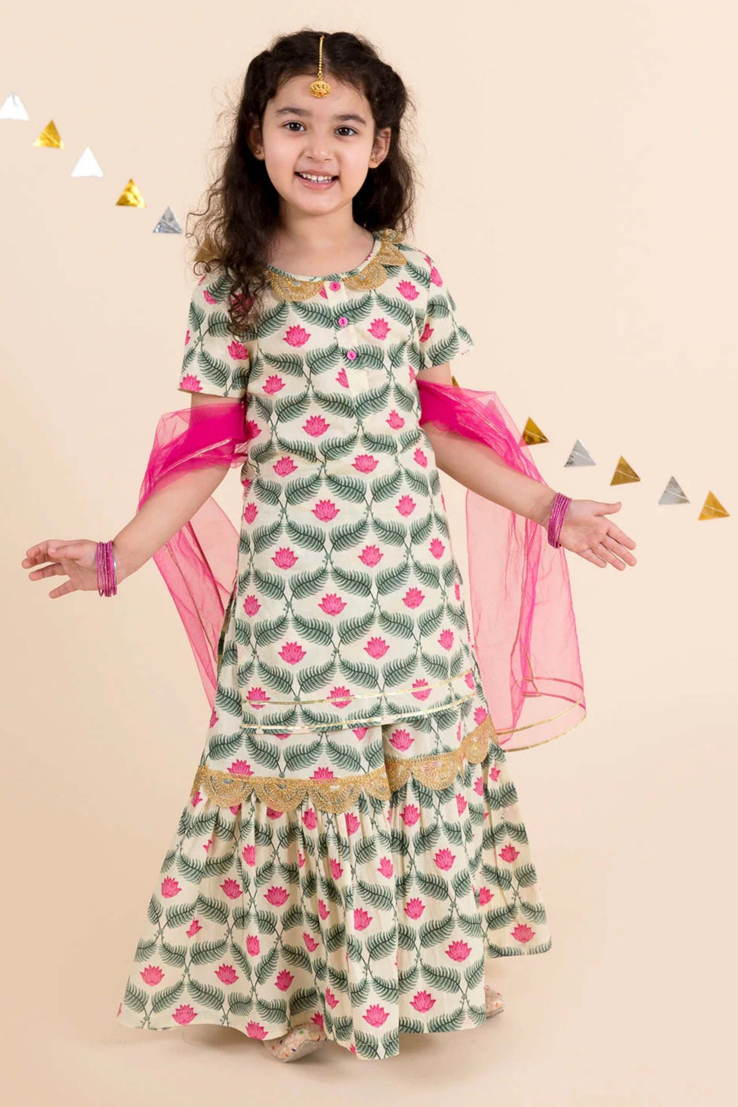 Superb Cream Floral Print Girls Salwar Suit with Dupatta