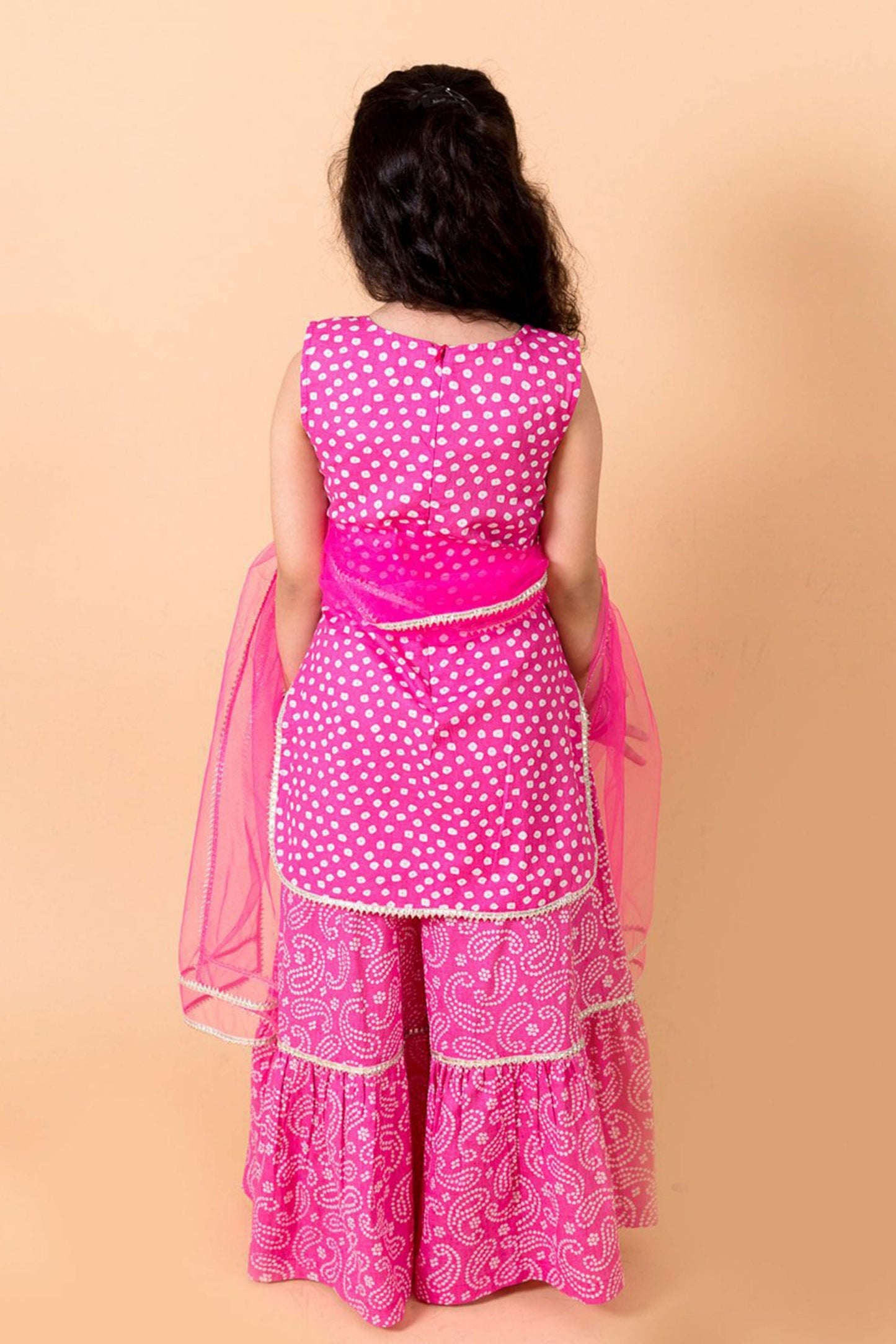 Vibrant Pink Bandhani Print Girls Sharara Set with Dupatta
