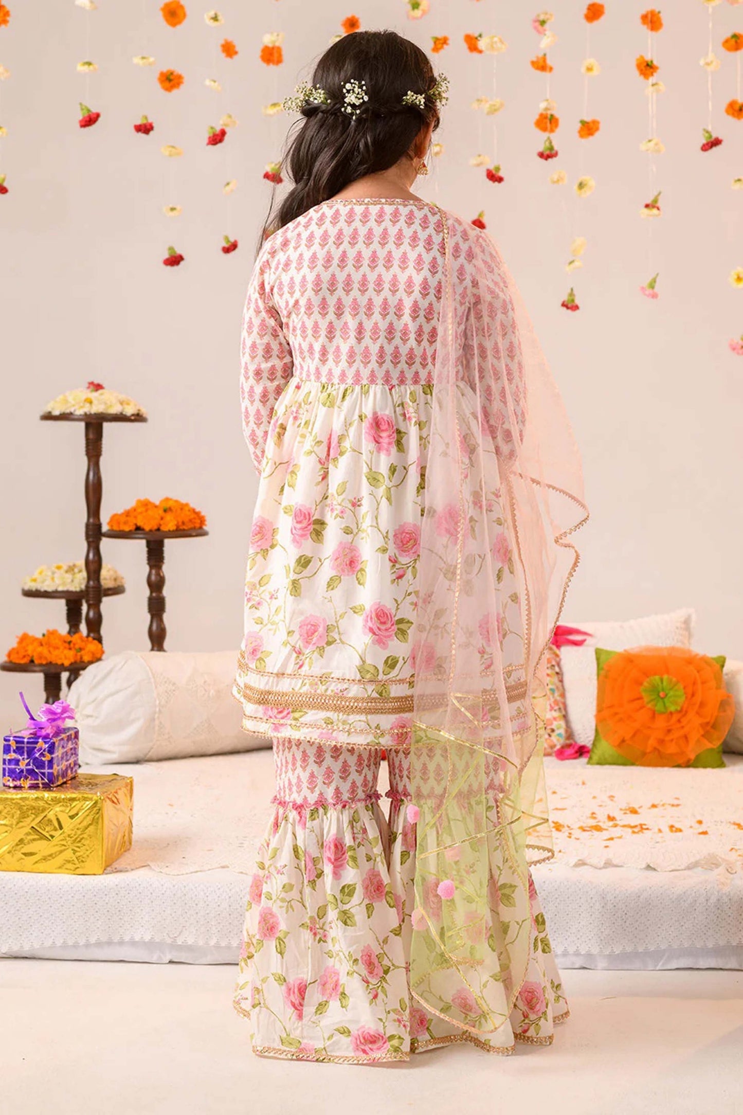 Charming Pink Floral Print Girls Sharara Set with Dupatta