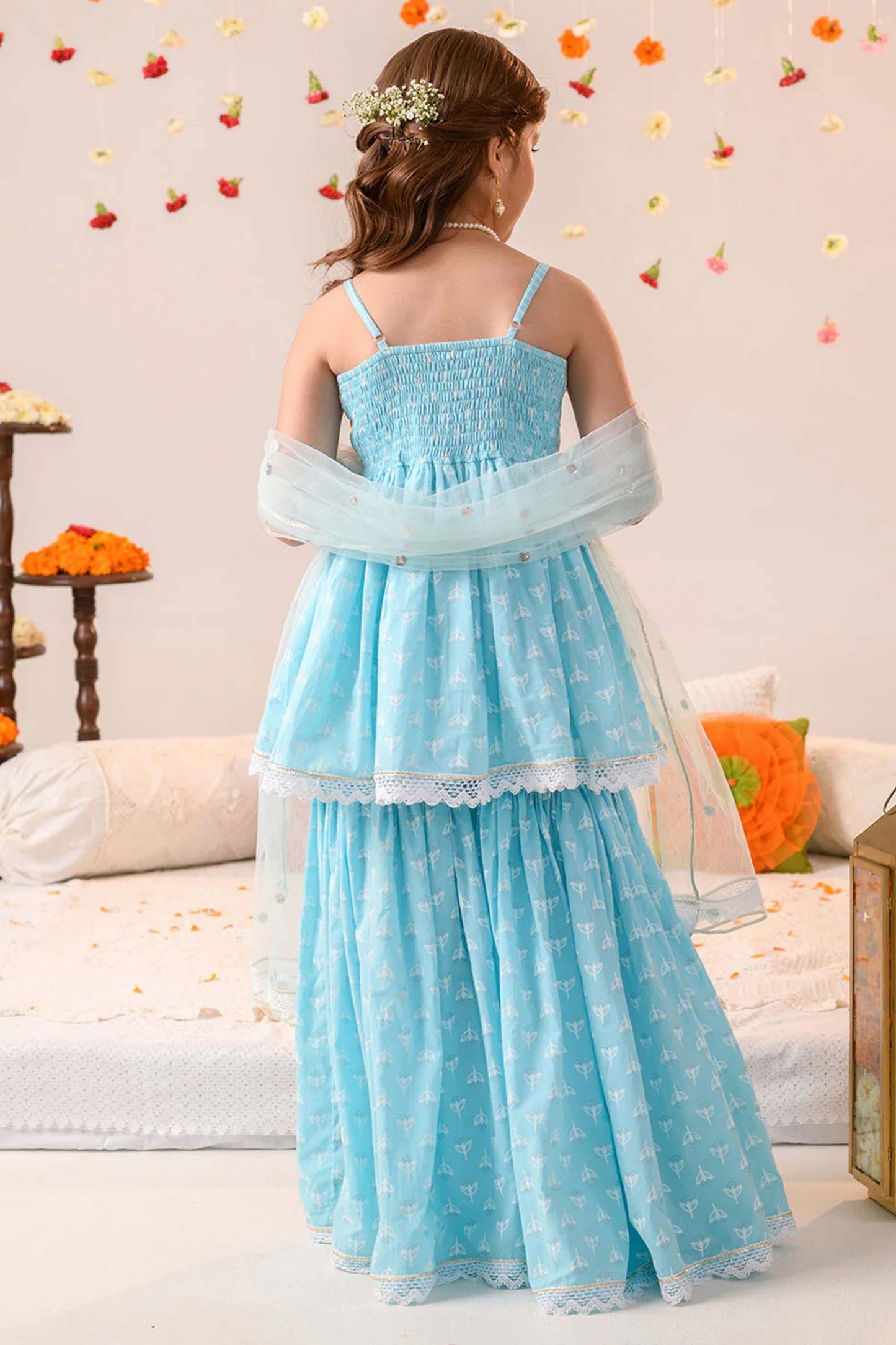 Graceful Sky Blue Printed Girls Palazzo Suit with Dupatta