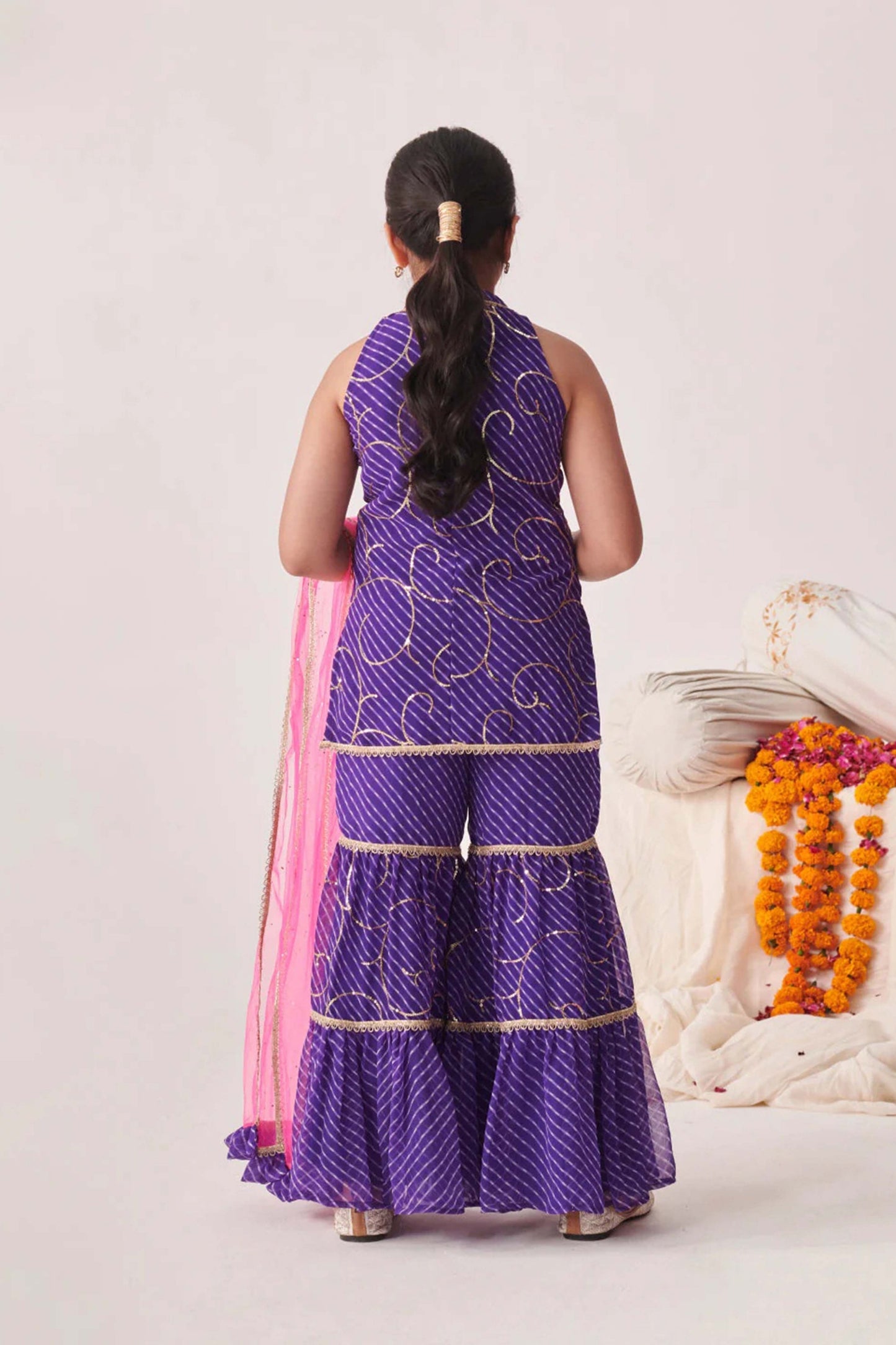 Trendy Purple Printed Girls Sharara Set with Pink Dupatta