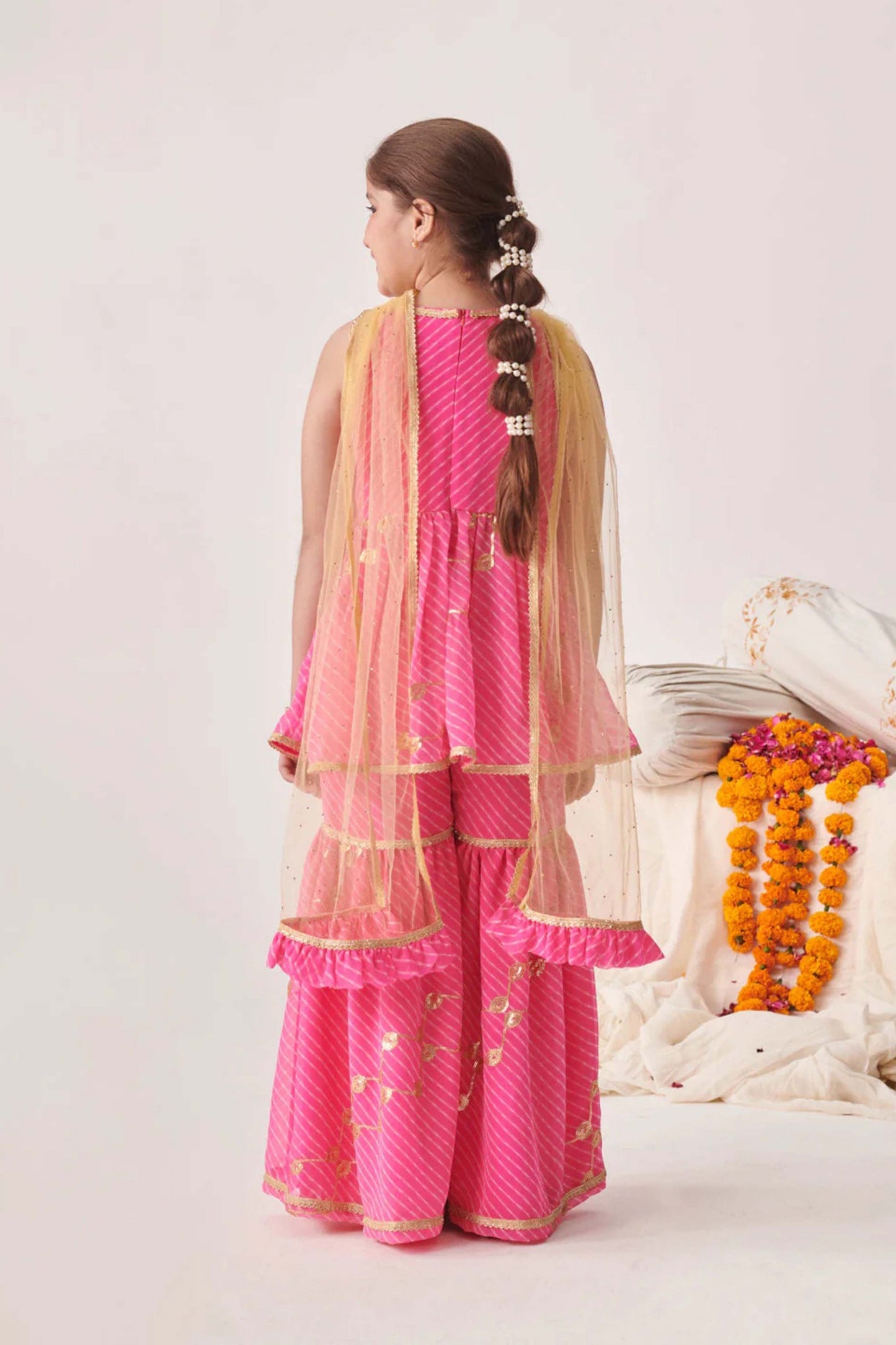 Lovely Pink Printed Girls Sharara Set with Golden Dupatta