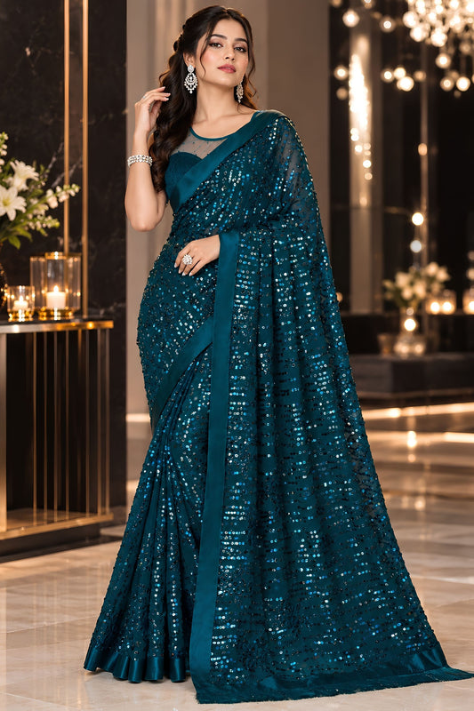 Dazzling Teal Blue Georgette Silk Saree Sequin Work for Women