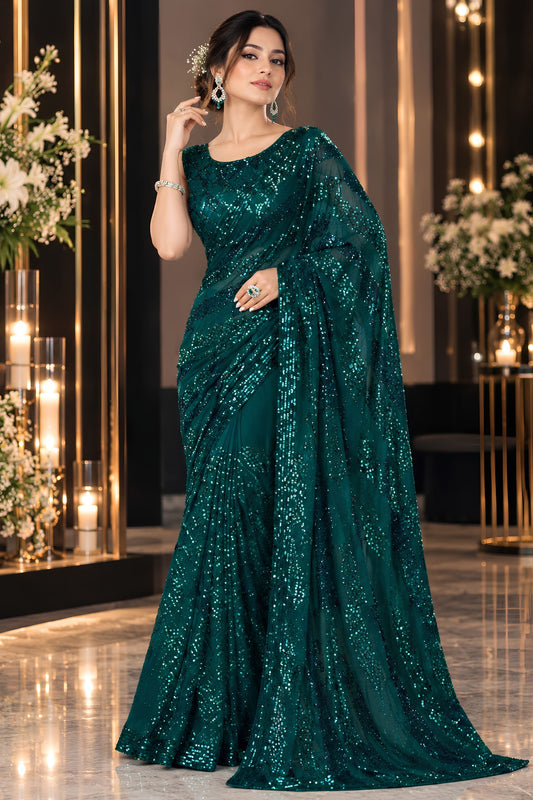 Exquisite Dark Teal Green Georgette Silk Saree Sequin Work for Women
