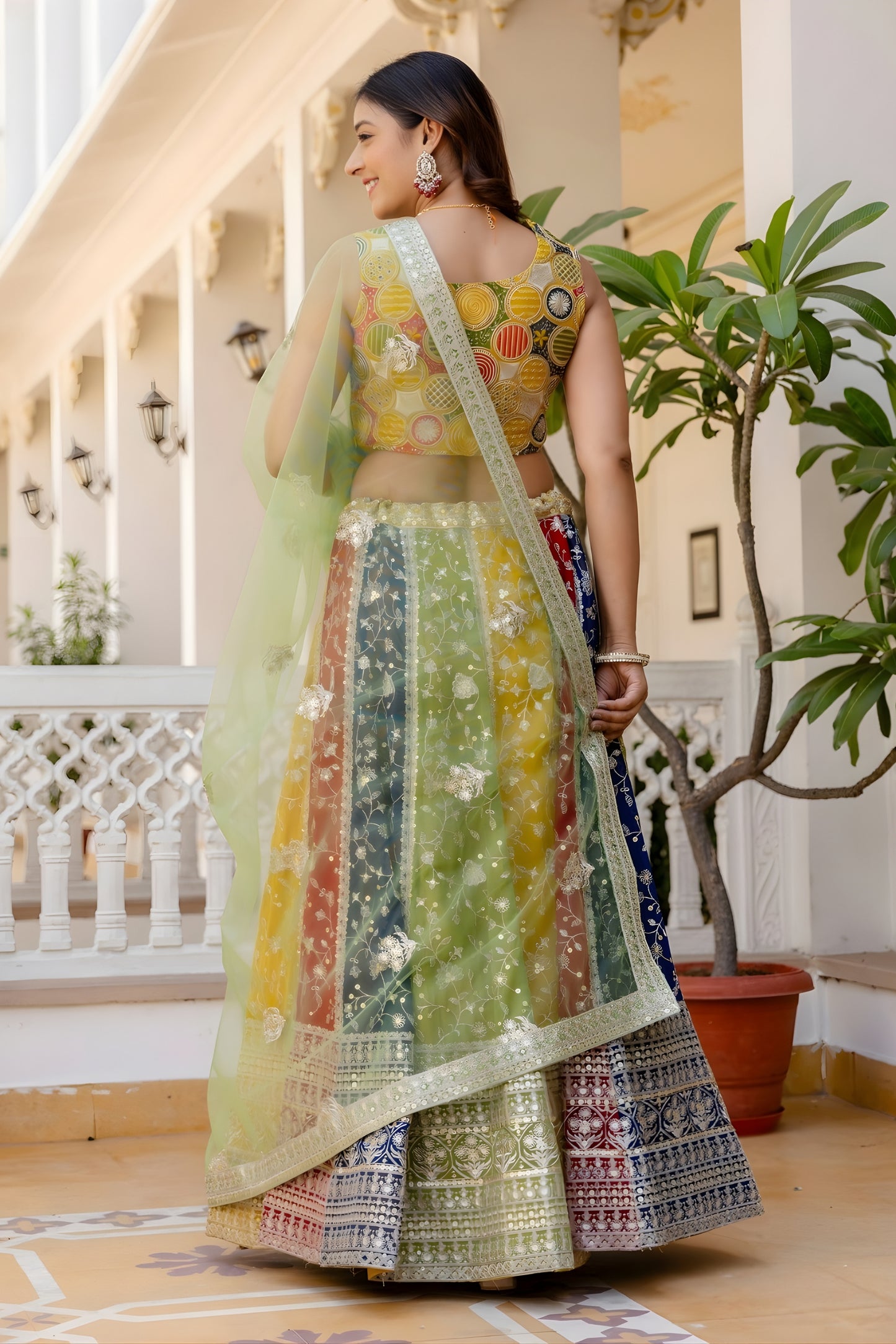 Premium Multicolor Faux Georgette Lehenga Choli with Embroidered Net Dupatta