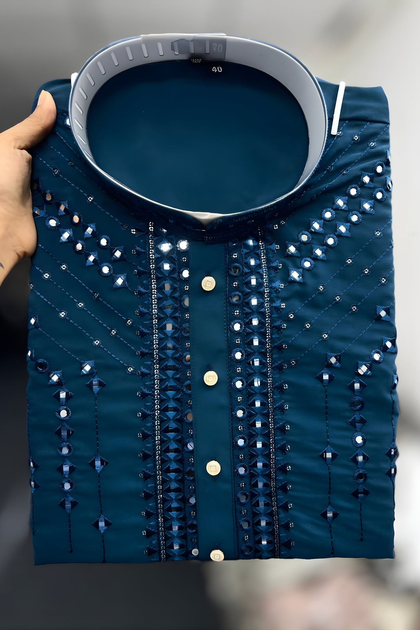 Stylish Teal Blue Armani Fabric Embroidered Readymade Kurta Pyjama for Men