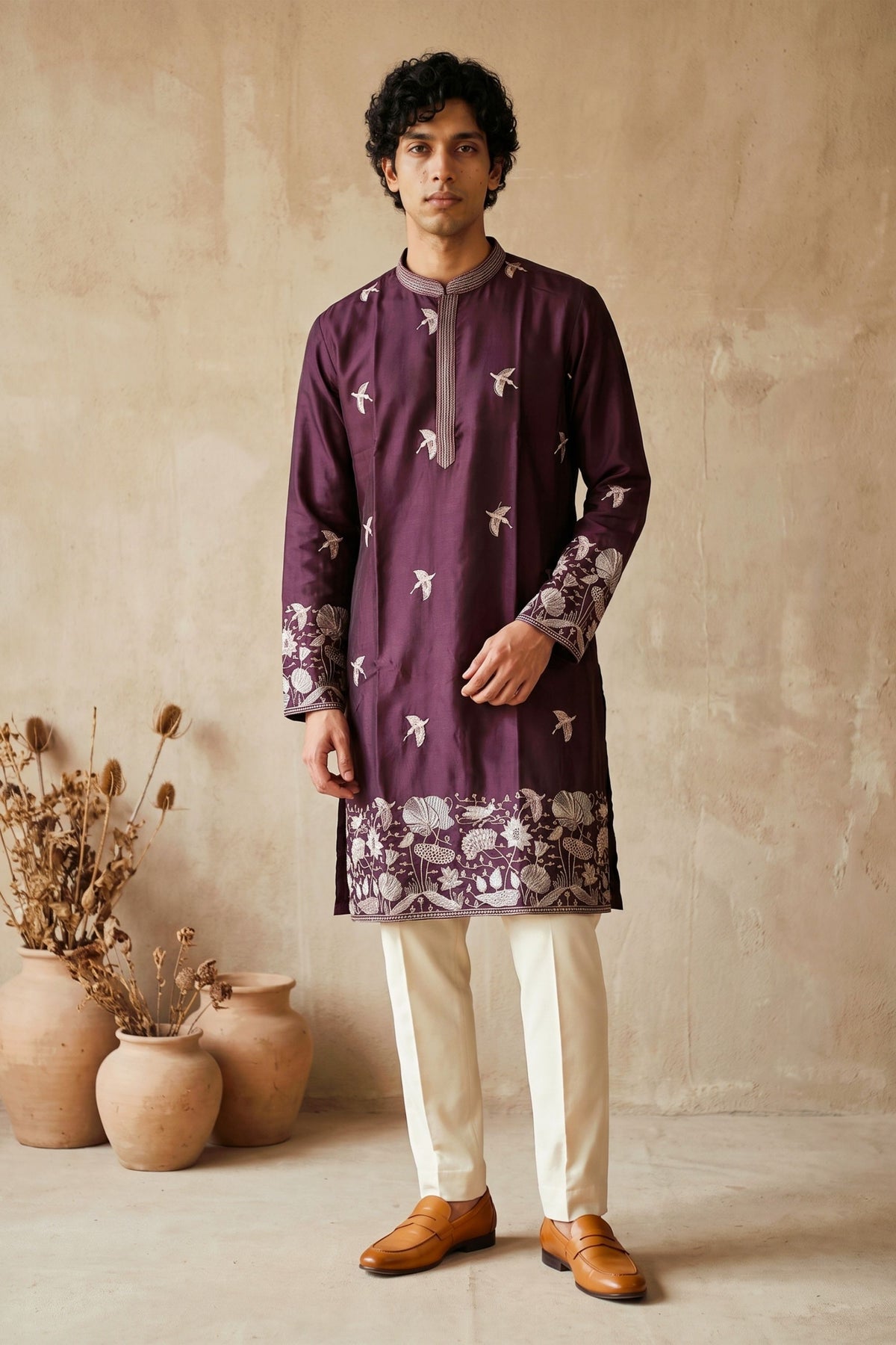 Premium Purple Silk Embroidered Kurta Pyjama Set for Men with Floral Border Work