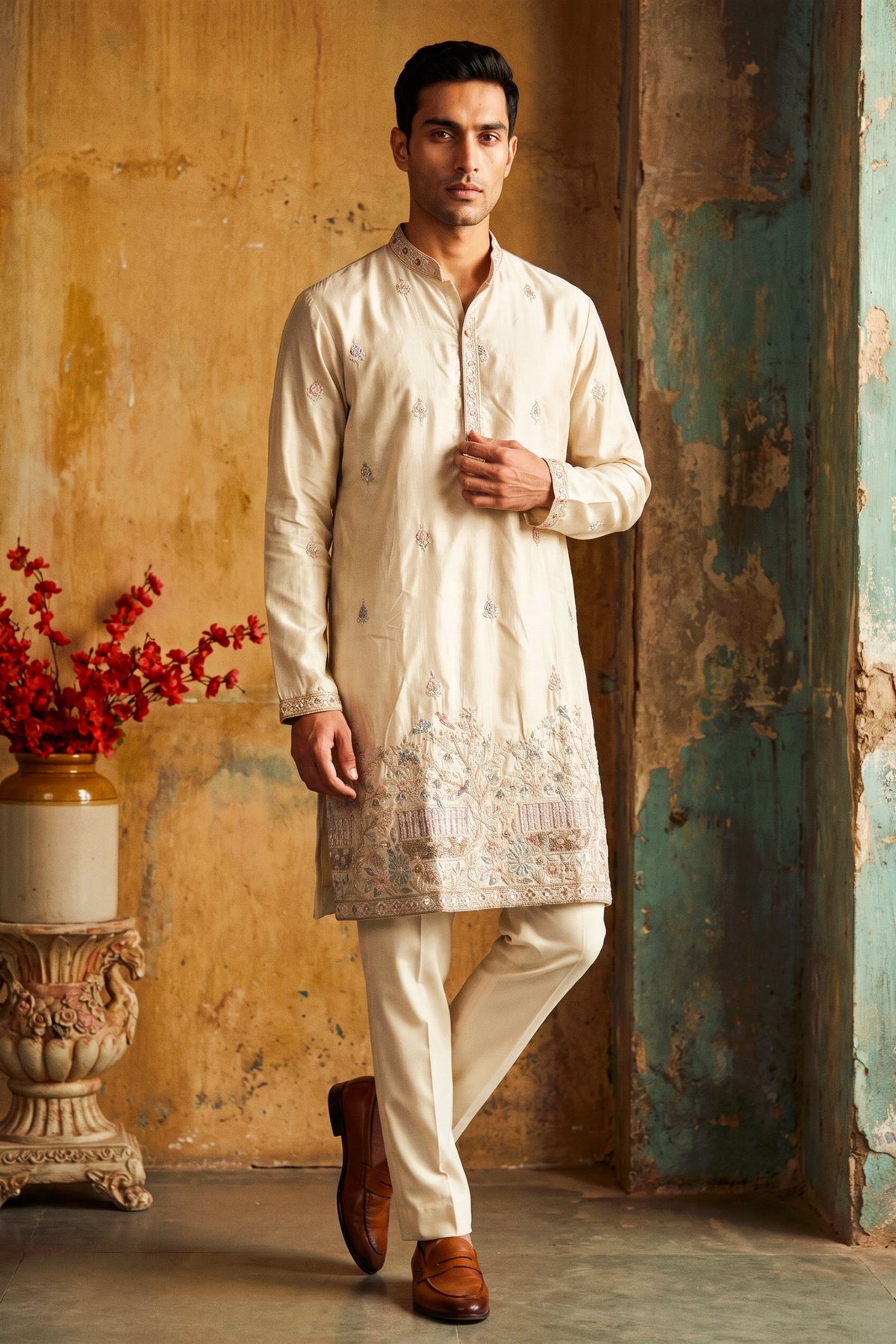 Charming Cream Silk Embroidered Kurta Pyjama Set for Men with Heavy Floral Border Work