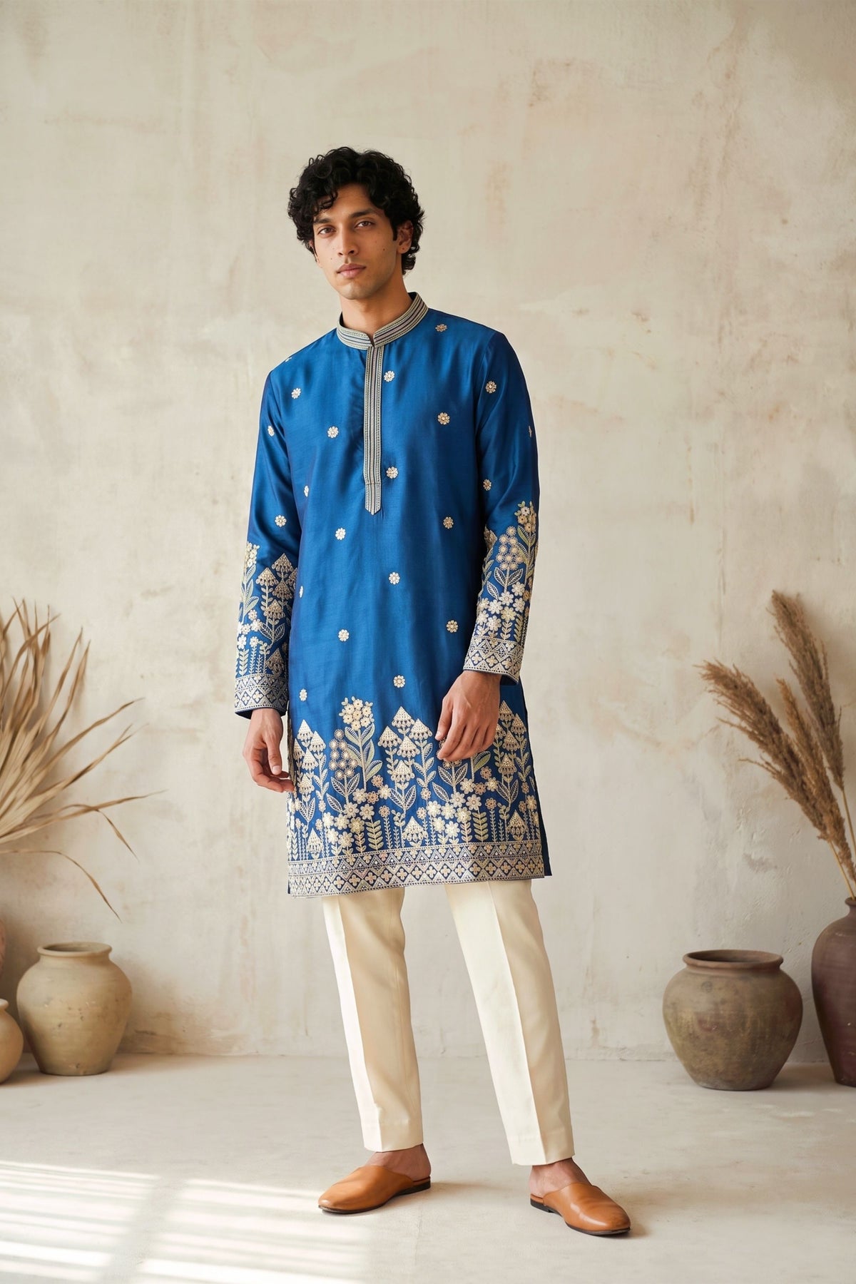 Stunning Royal Blue Silk Embroidered Kurta Pyjama Set for Men with Heavy Floral Border Work