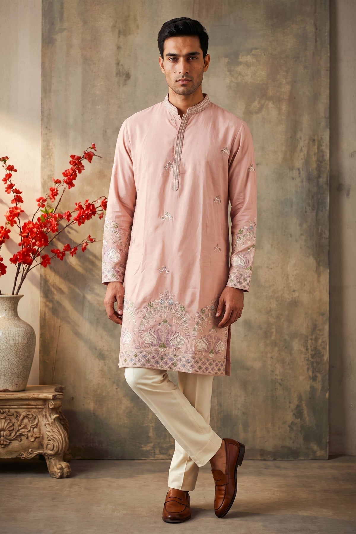 Graceful Pink Silk Embroidered Kurta Pyjama Set for Men with Heavy Peacock Border Work